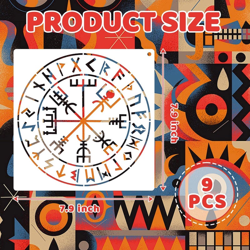 Resflyar 9 PCS Runes Stencils for Painting on Wood Stones, Reusable Celtic Border Ancient Viking Symbol Template for Crafts Canvas Furniture Wall Floor Drawing Card Making Pattern Decorative 7.9 x 7.9 Inch - Image 2